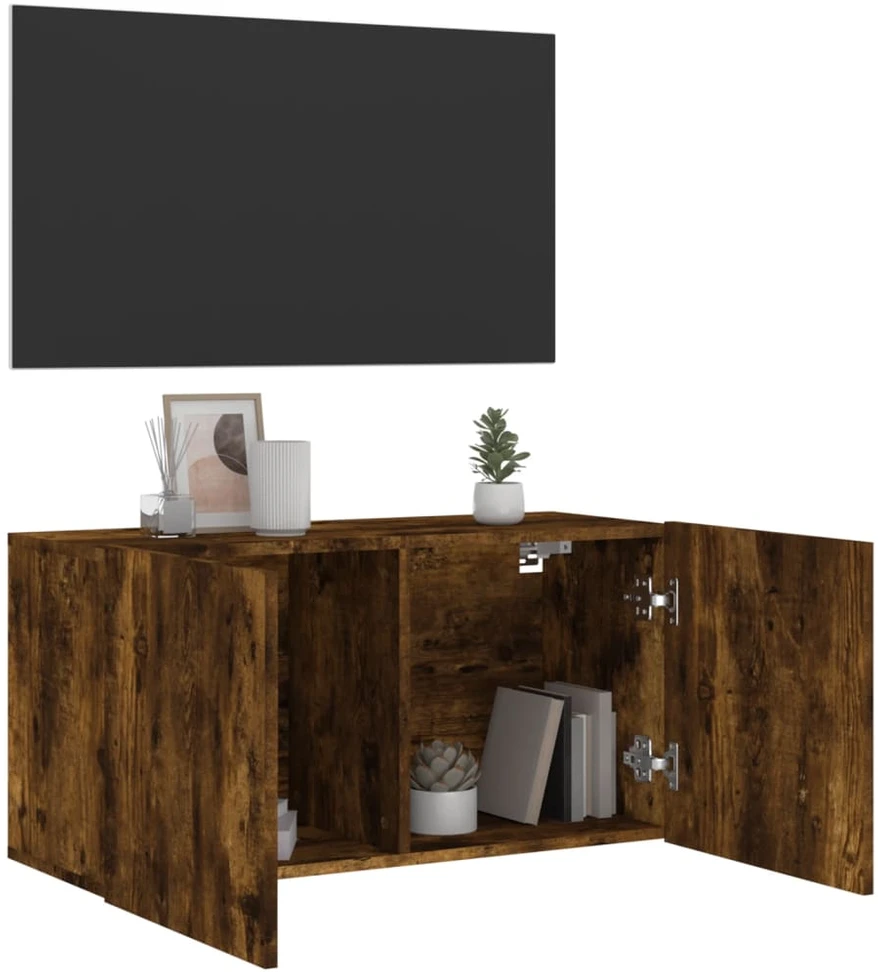 TV staliukas Prie sienos montuojama TV spintelė, dūminio ąžuolo, 80x30x41cm