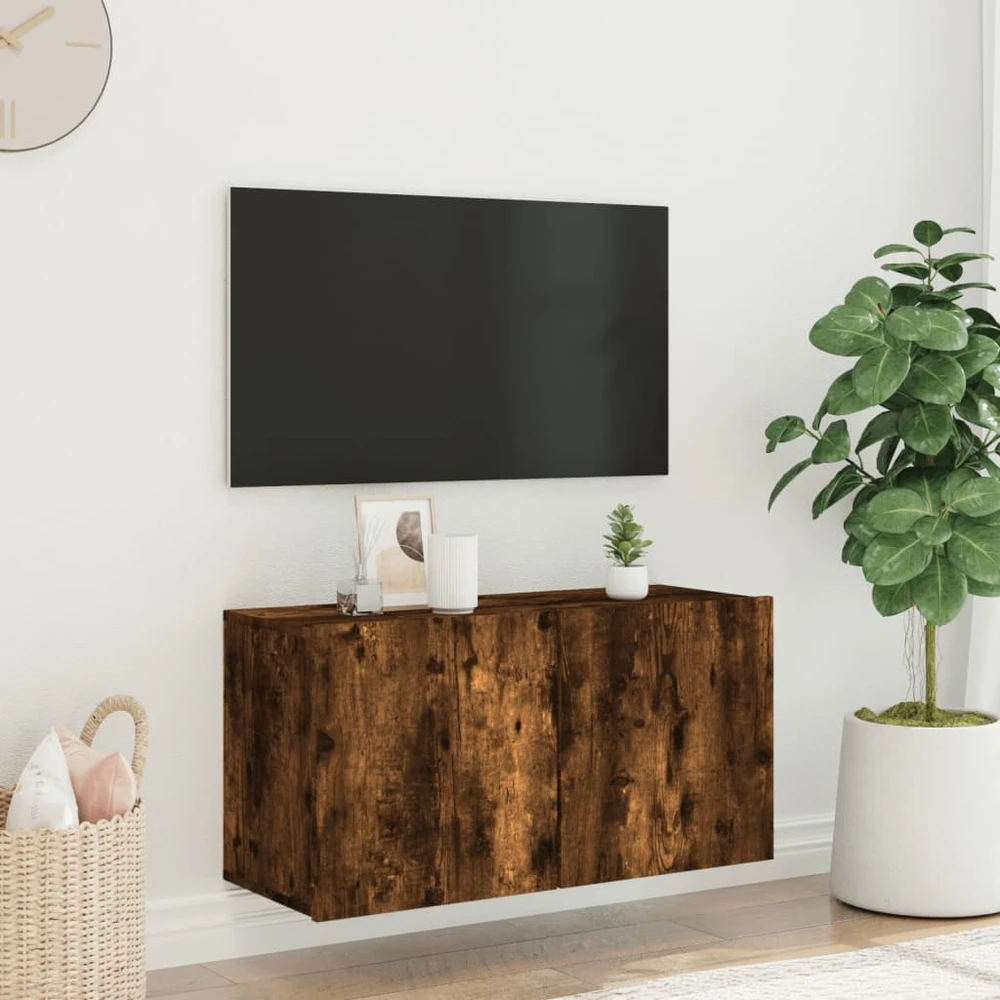 TV staliukas Prie sienos montuojama TV spintelė, dūminio ąžuolo, 80x30x41cm
