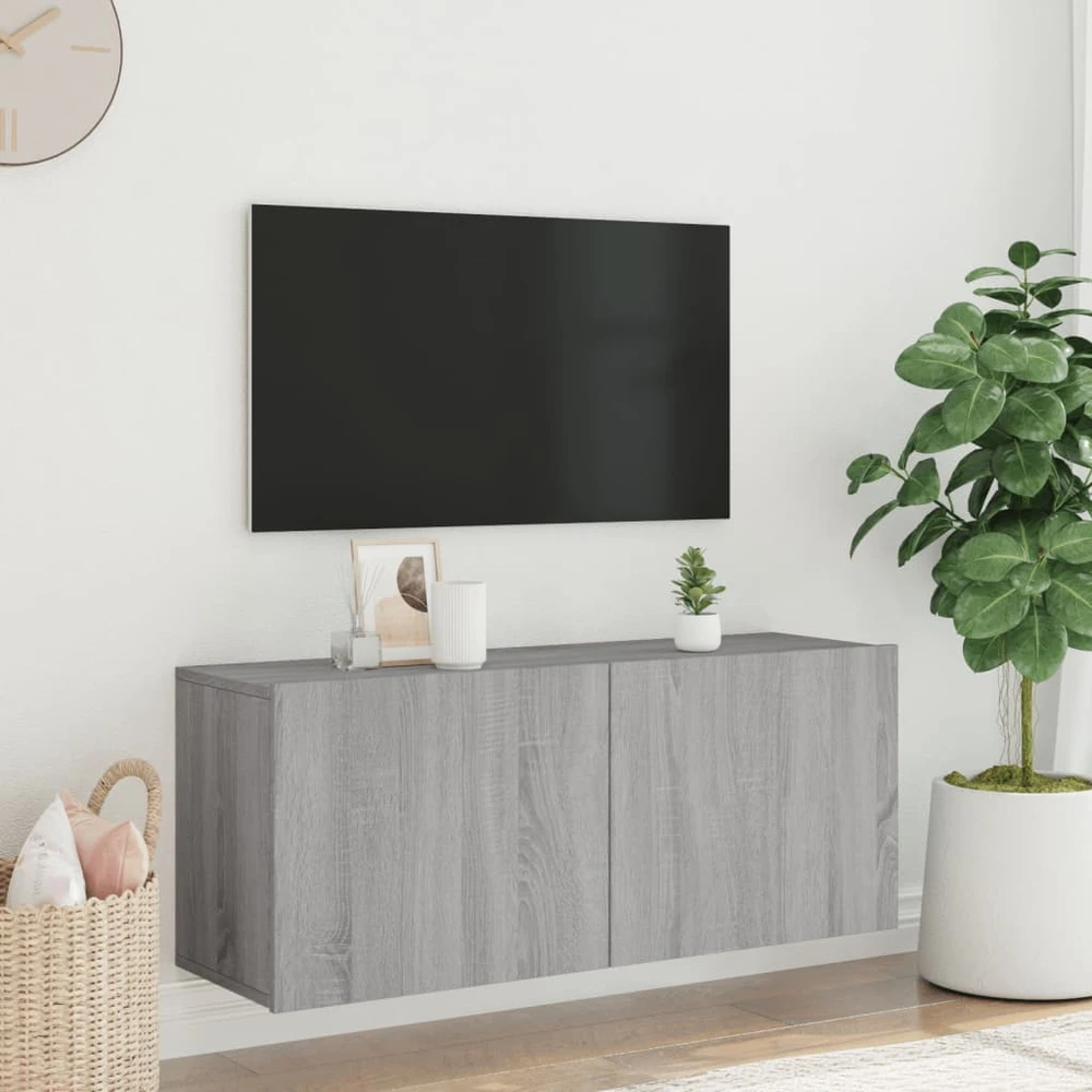 TV staliukas Prie sienos montuojama TV spintelė, pilka ąžuolo, 100x30x41cm