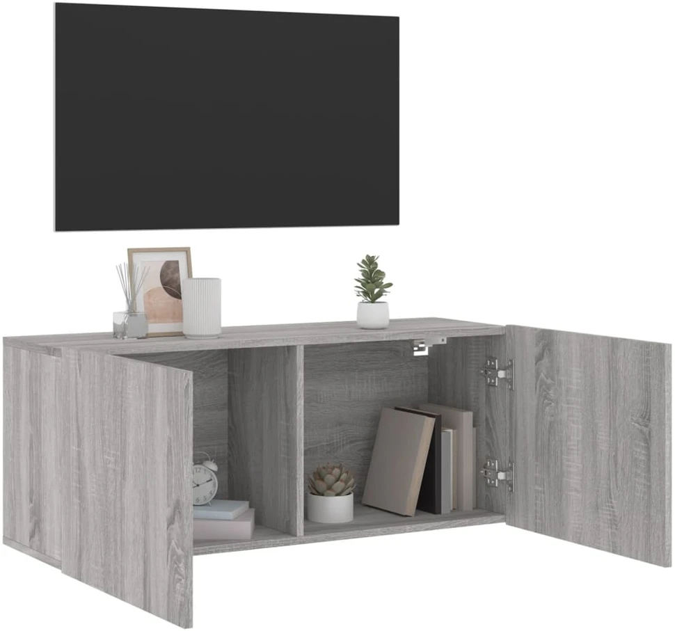 TV staliukas Prie sienos montuojama TV spintelė, pilka ąžuolo, 100x30x41cm