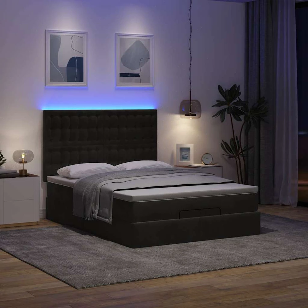 Pufas su čiužiniais ir LED lemputėmis, juodas, 140x200cm, aksomas