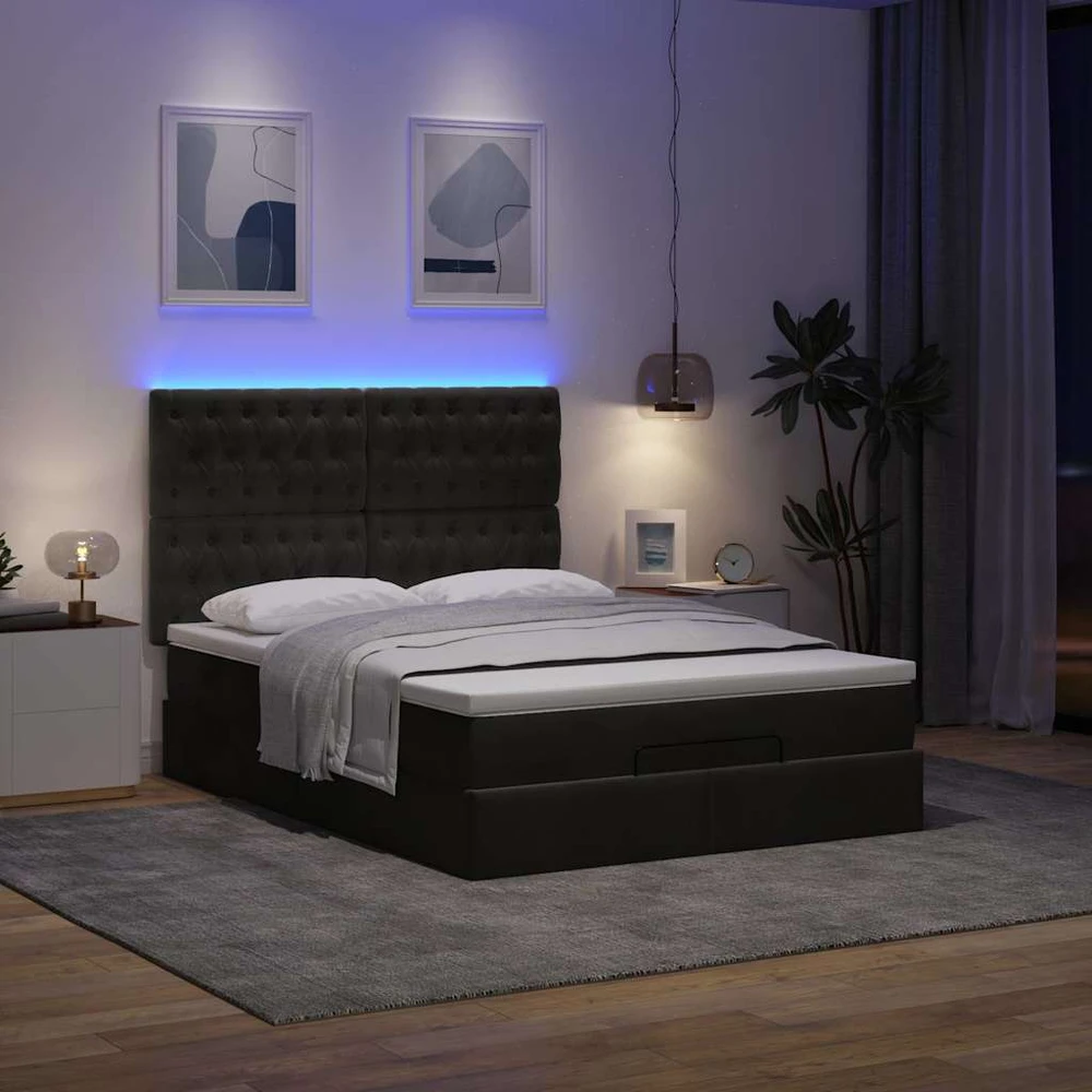 Pufas su čiužiniais ir LED lemputėmis, juodas, 140x200cm, aksomas