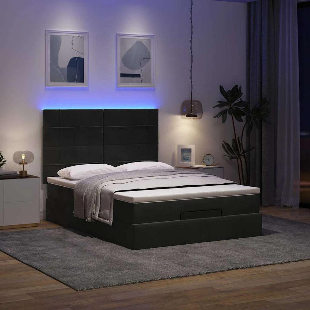 Pufas su čiužiniais ir LED lemputėmis, juodas, 140x200cm, aksomas