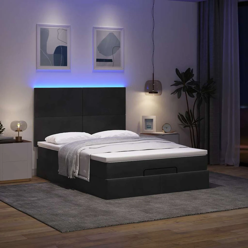 Pufas su čiužiniais ir LED lemputėmis, juodas, 140x200cm, aksomas