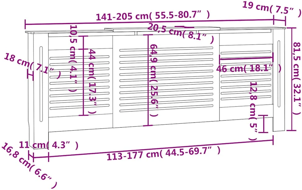 Radiatoriaus uždangalas, baltos spalvos, 205cm, MDF