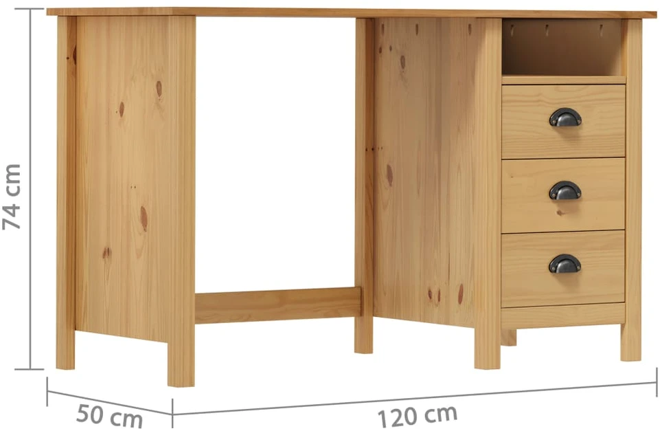 Rašomasis stalas su 3 stalčiais Hill, 120x50x74cm, pušis