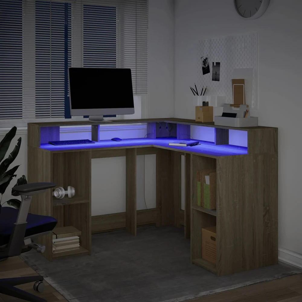 Rašomasis stalas su LED apšvietimu, ąžuolo, 130x130x91cm