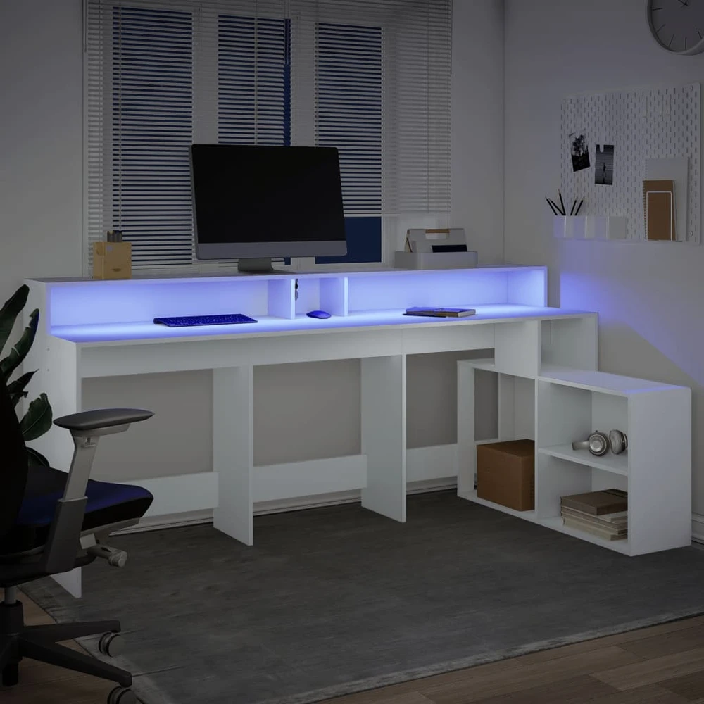 Rašomasis stalas su LED apšvietimu, baltas, 200x104x91cm
