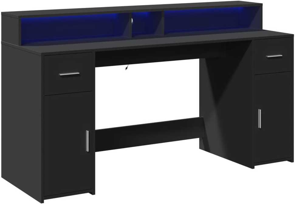 Rašomasis stalas su LED apšvietimu, juodas, 160x55x91cm
