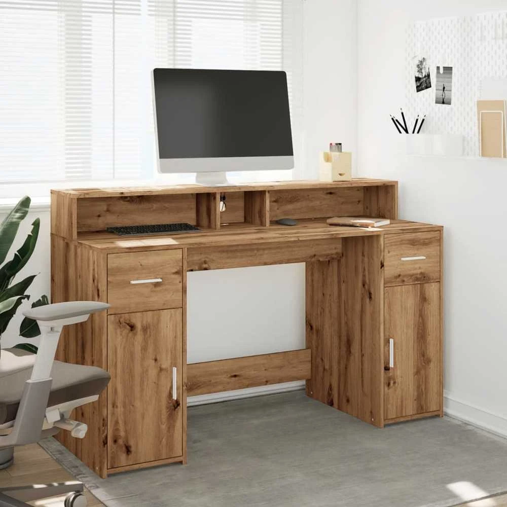 Rašomasis stalas su LED, artisano ąžuolo, 140x55x91cm, mediena