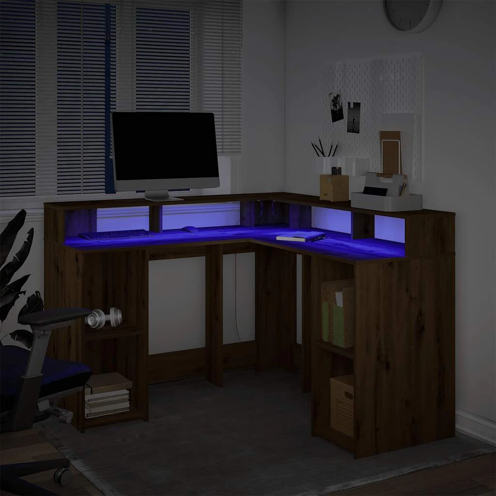 Rašomasis stalas su LED, rudas ąžuolo, 130x130x91cm, mediena