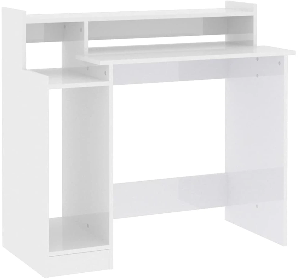 Rašomasis stalas su LED, baltas, 97x45x90cm, mediena, blizgus