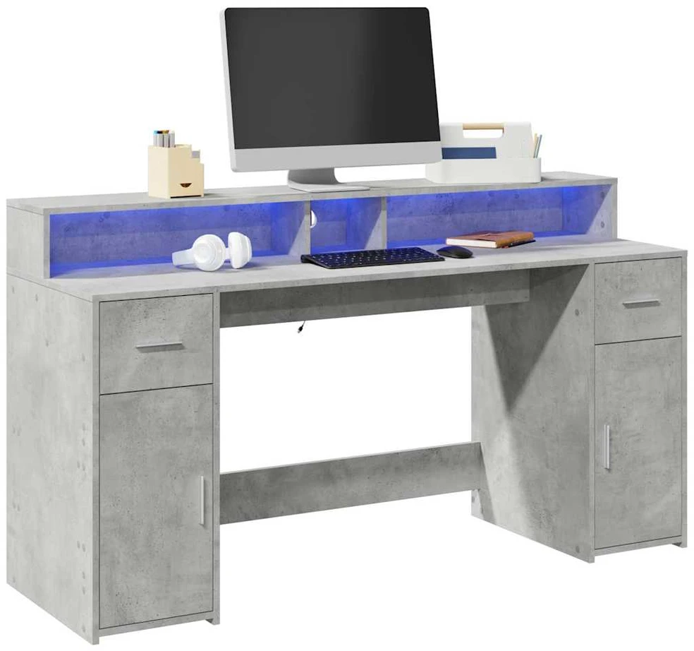 Rašomasis stalas su LED, betono pilkas, 160x55x91cm, mediena