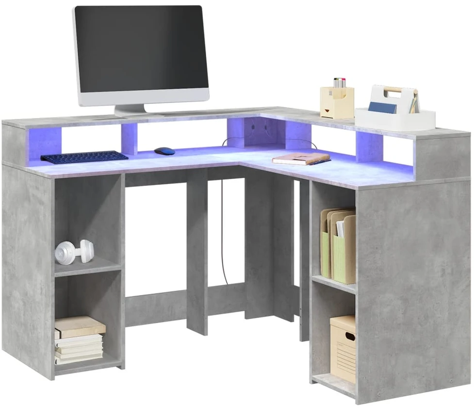 Rašomasis stalas su LED, betono pilkas, 130x130x91cm, mediena