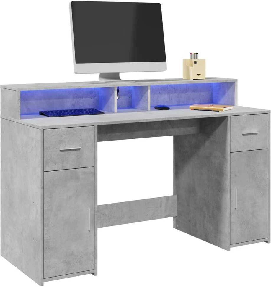 Rašomasis stalas su LED, betono pilkas, 140x55x91cm, mediena