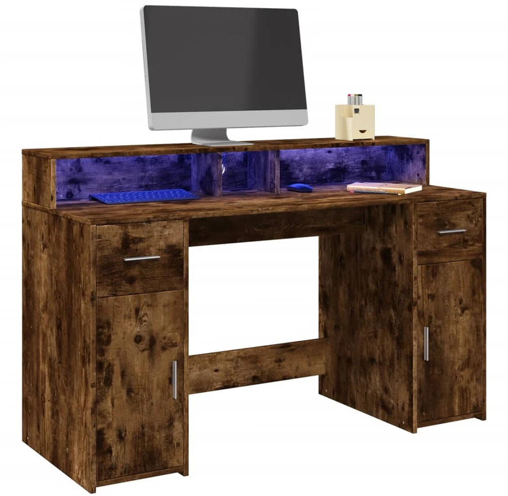 Rašomasis stalas su LED, dūminio ąžuolo, 140x55x91cm, mediena