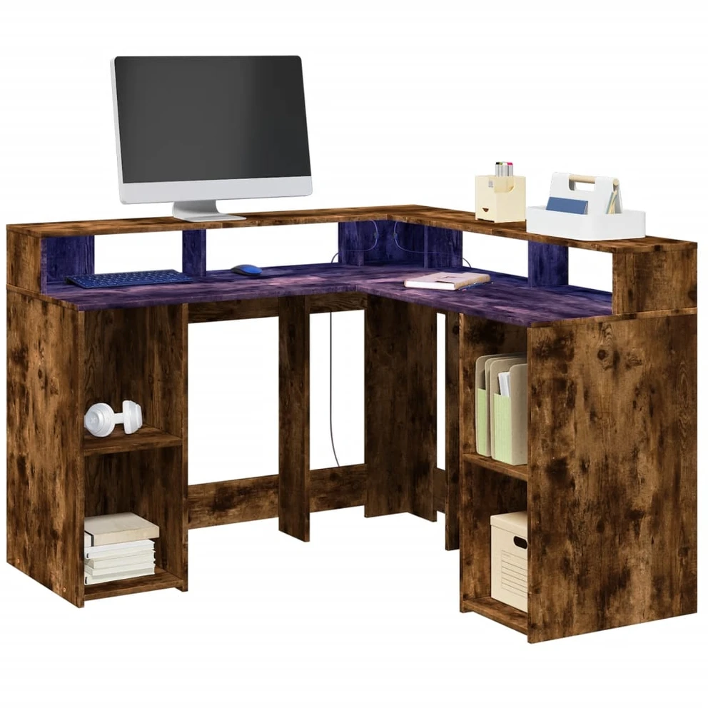 Rašomasis stalas su LED, dūminio ąžuolo, 130x130x91cm, mediena
