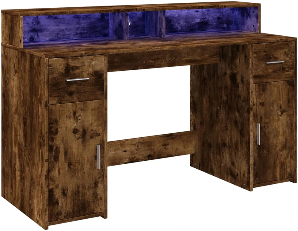Rašomasis stalas su LED, dūminio ąžuolo, 140x55x91cm, mediena