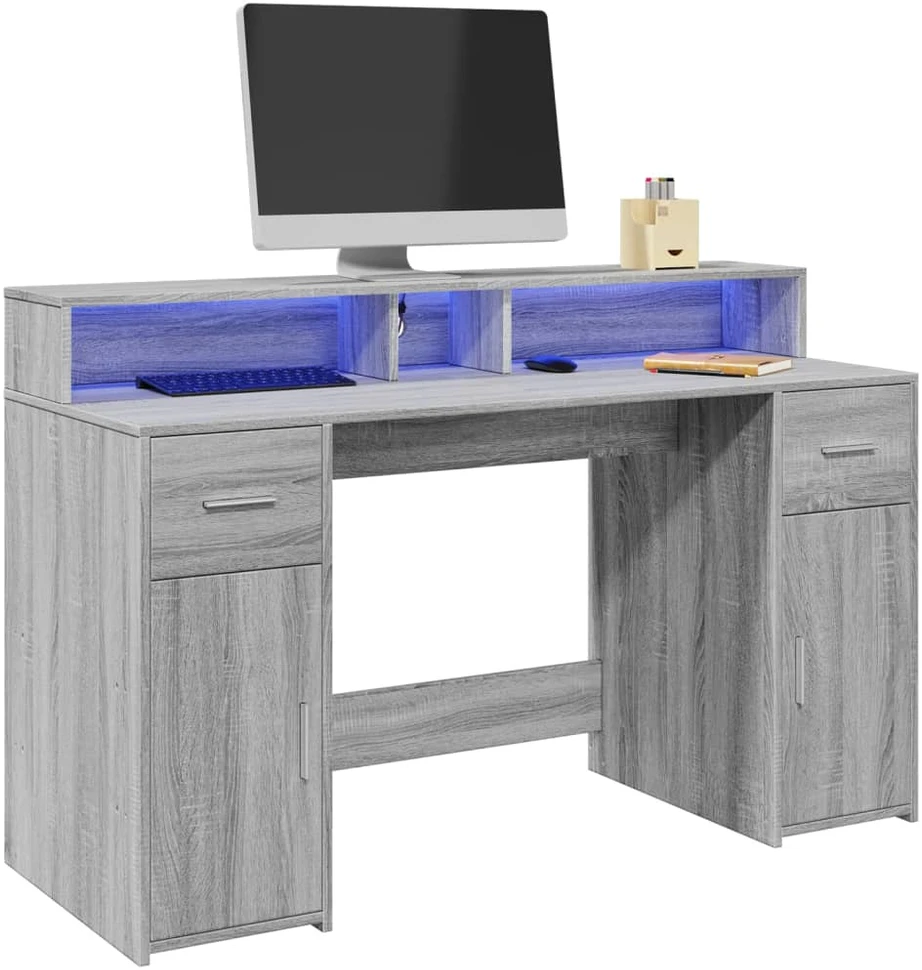 Rašomasis stalas su LED, pilkas ąžuolo, 140x55x91cm, mediena