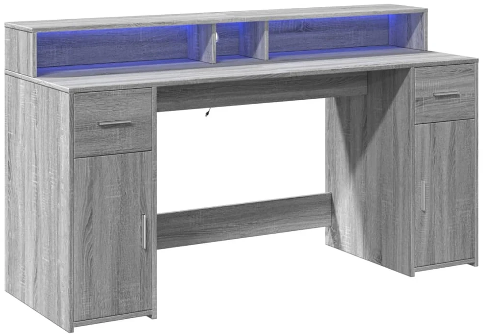 Rašomasis stalas su LED, pilkas ąžuolo, 160x55x91cm, mediena