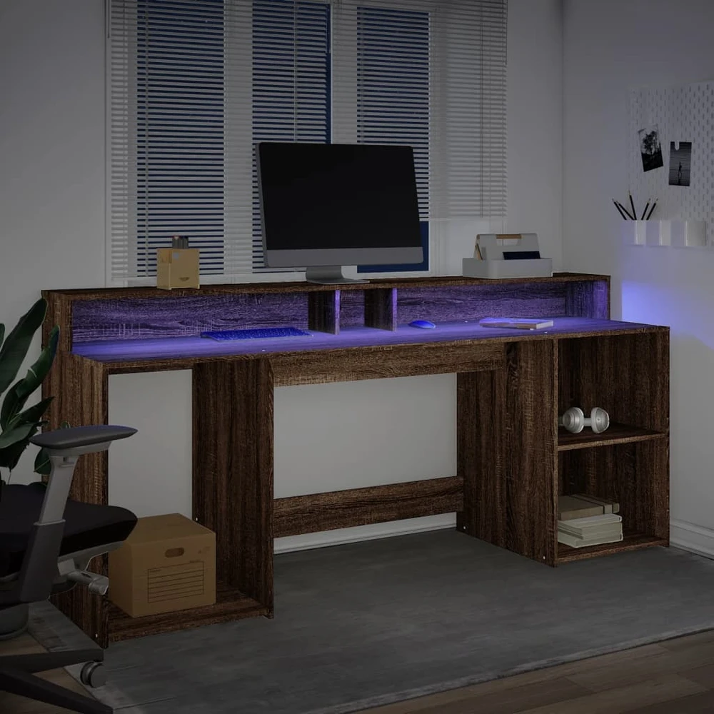 Rašomasis stalas su LED, rudas ąžuolo, 200x55x91cm, mediena