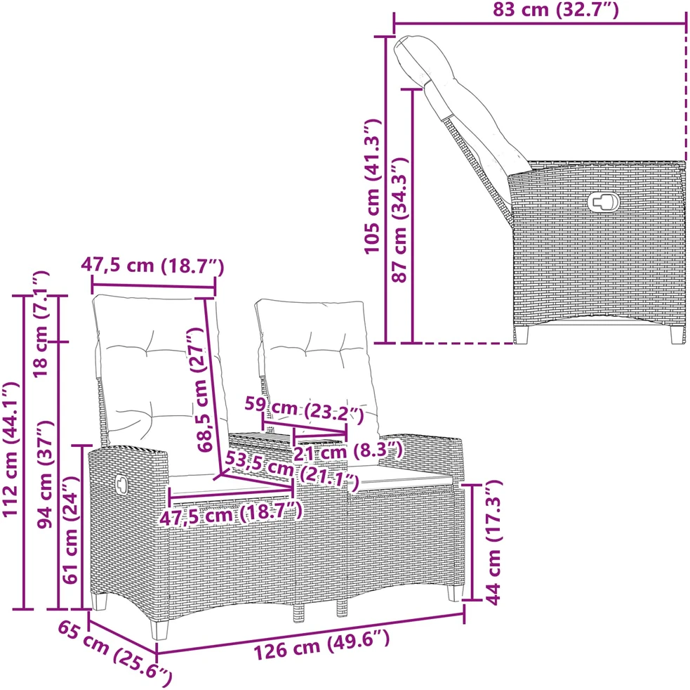 Reclining Bench with Table 2 -Seater 126 x 65 x 112 cm
