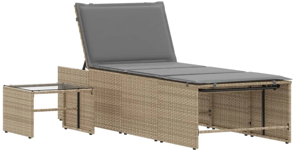 Sofa Saulės gultai su staliuku, 2vnt., smėlio spalvos, poliratanas