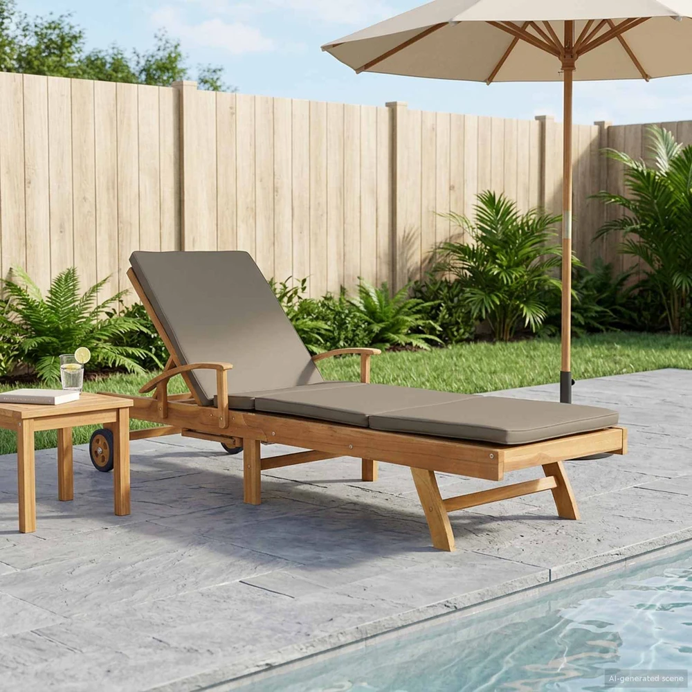 Saulės gultas su pagalvėle 100% poliesteris, kieta teak mediena