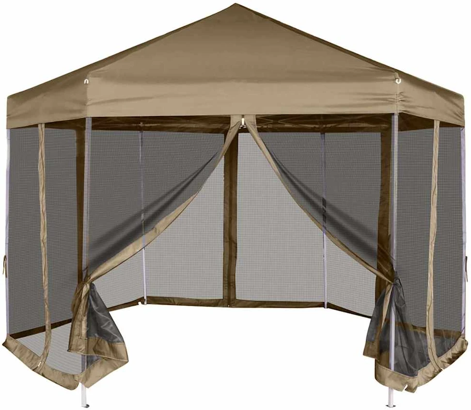 Šešiakampė išskleidžiama palapinė su sienomis, taupe, 3,6x3,1m