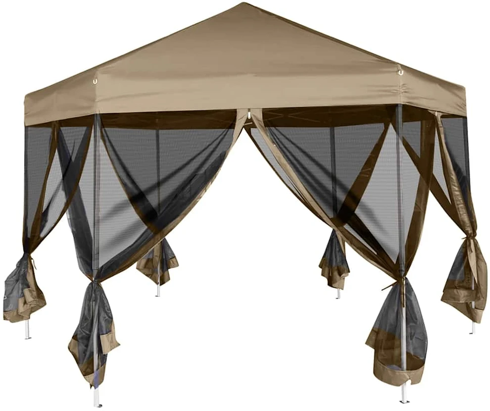 Šešiakampė išskleidžiama palapinė su sienomis, taupe, 3,6x3,1m