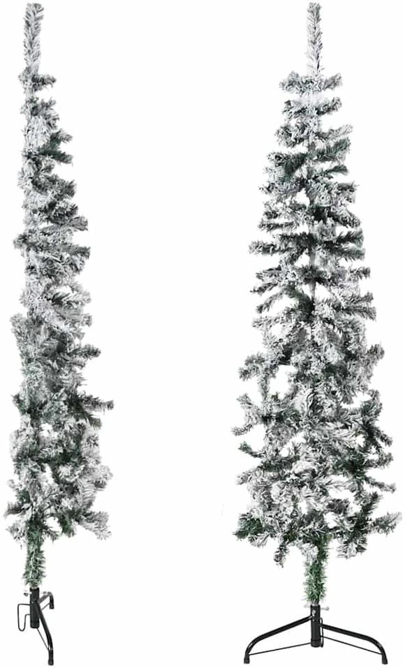 Siaura dirbtinė Kalėdų eglutė, 150cm, padengta sniegu