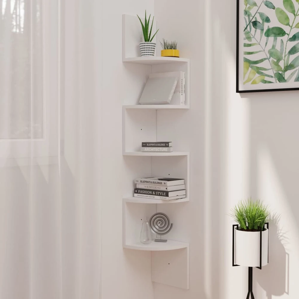 Sieninė kampinė lentyna, balta, 19x19x123cm, apdirbta mediena