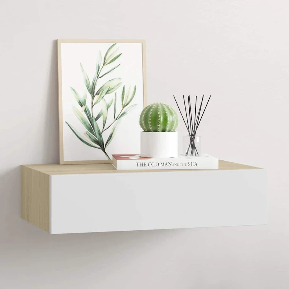 Sieninė lentyna su stalčiumi, ąžuolo/balta, 40x23,5x10cm, MDF