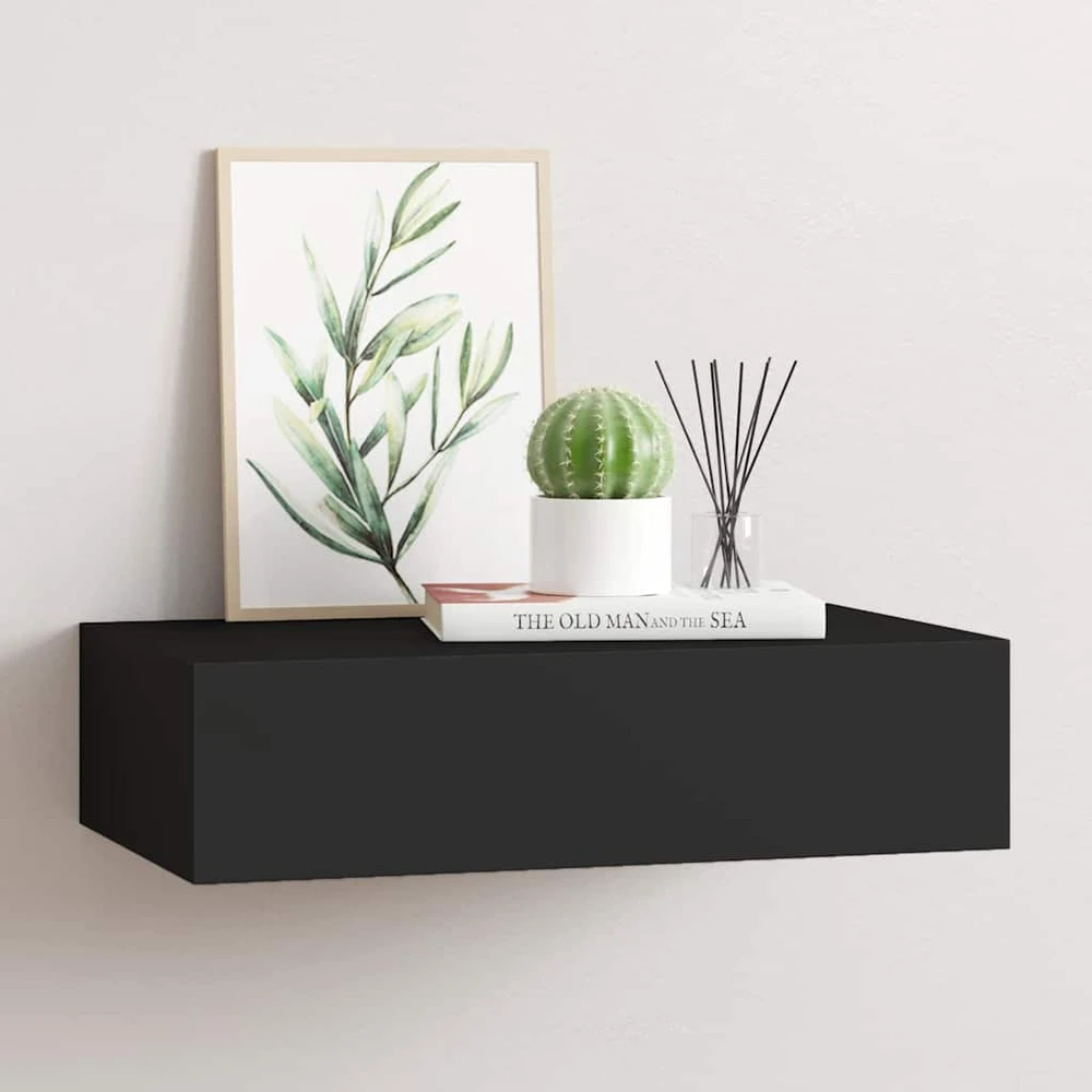 Sieninė lentyna su stalčiumi, juoda, 40x23,5x10cm, MDF