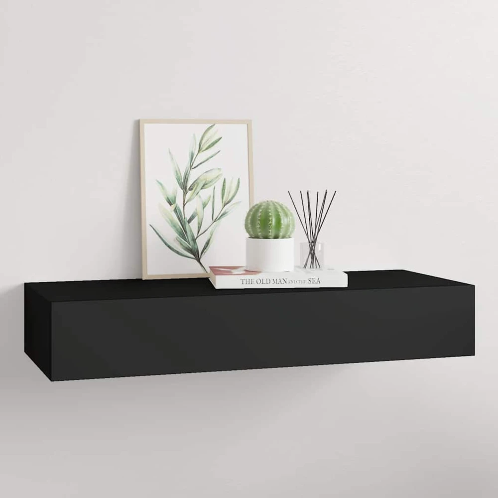 Sieninė lentyna su stalčiumi, juoda, 60x23,5x10cm, MDF