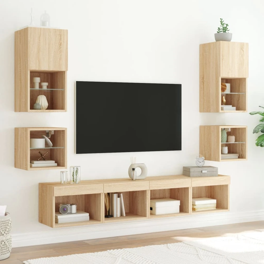 TV staliukas Sieninė naktinė spintelė su LED lemputėmis, sonoma ąžuolo