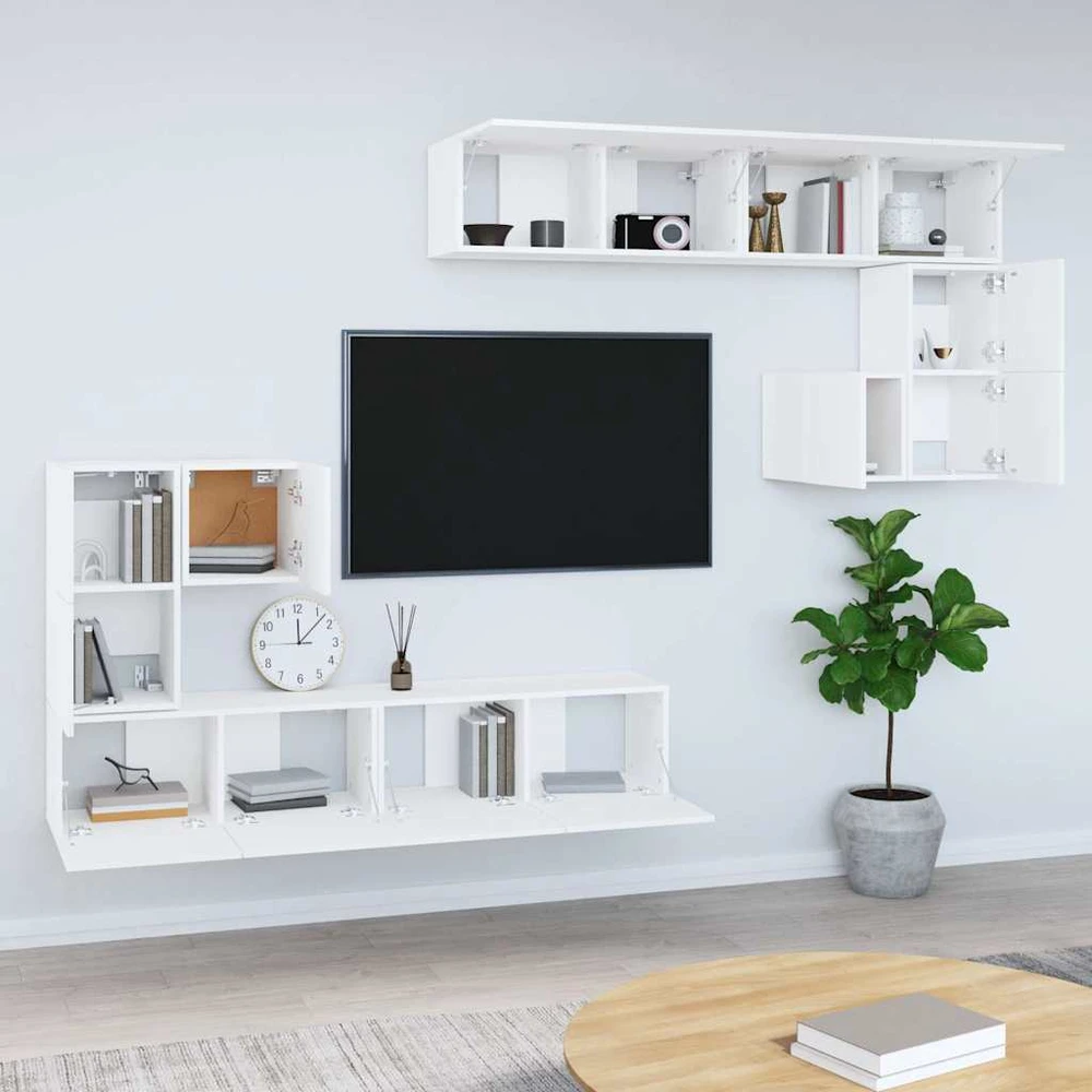 TV staliukas Sieninė televizoriaus spintelė, balta, apdirbta mediena