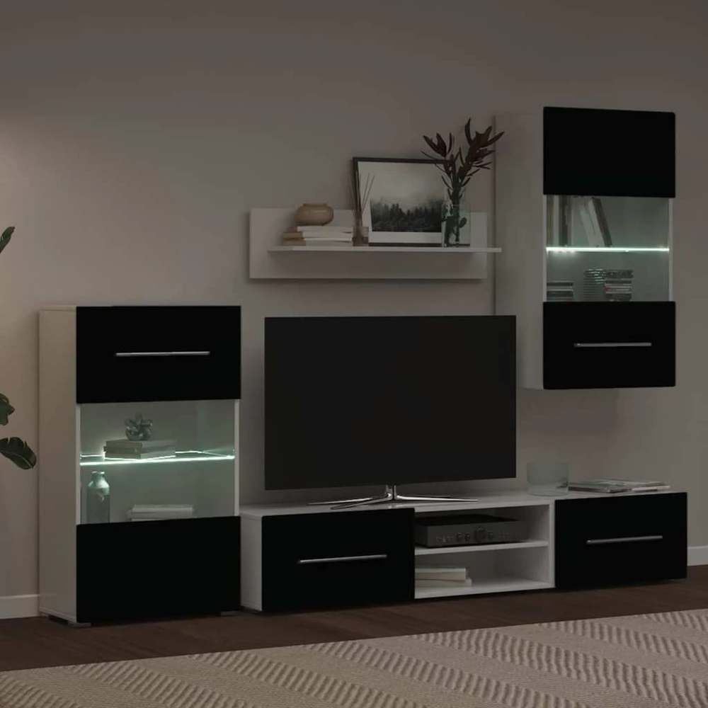 TV staliukas Sieninė televizoriaus spintelė su LED apšvietimu, 5d., juoda