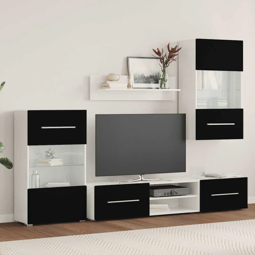 TV staliukas Sieninė televizoriaus spintelė su LED apšvietimu, 5d., juoda
