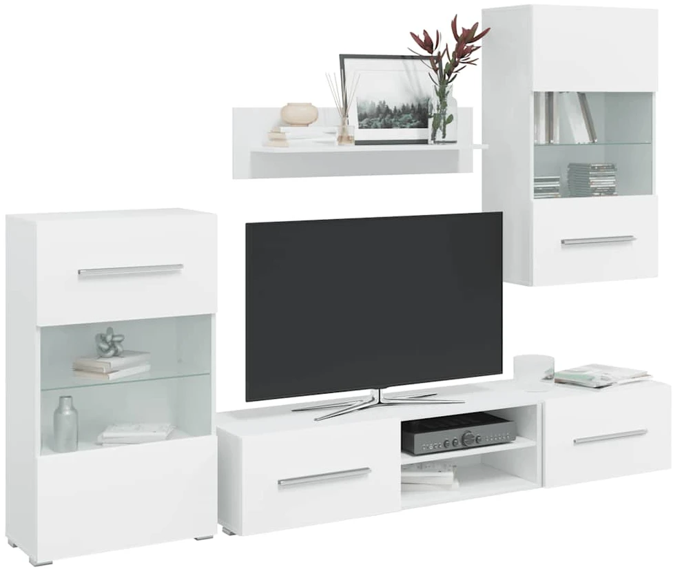 TV staliukas Sieninė televizoriaus spintelė su LED apšvietimu, 5d., balta