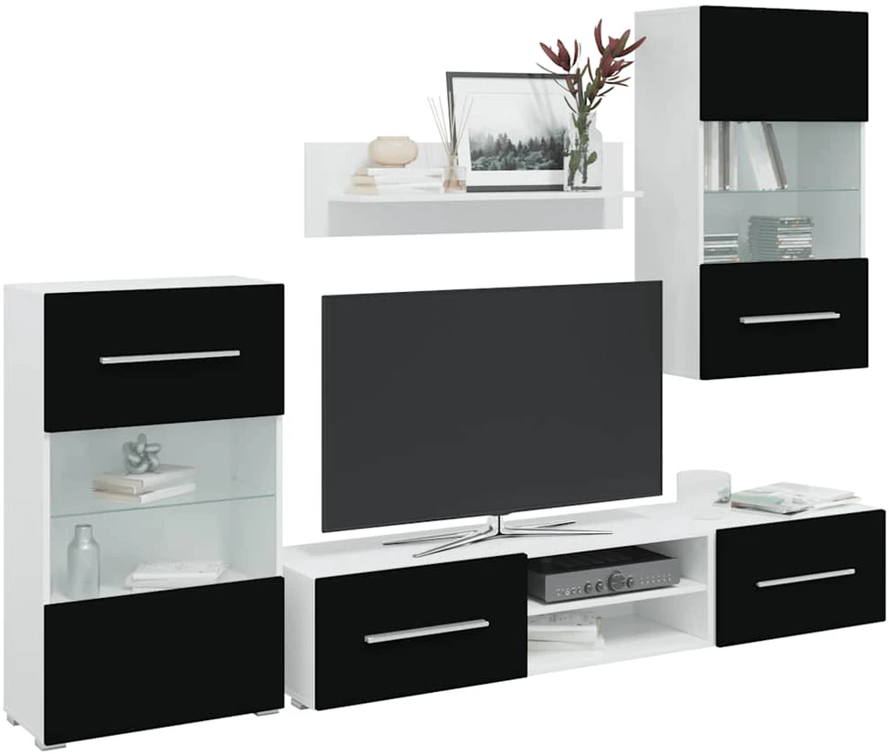 TV staliukas Sieninė televizoriaus spintelė su LED apšvietimu, 5d., juoda