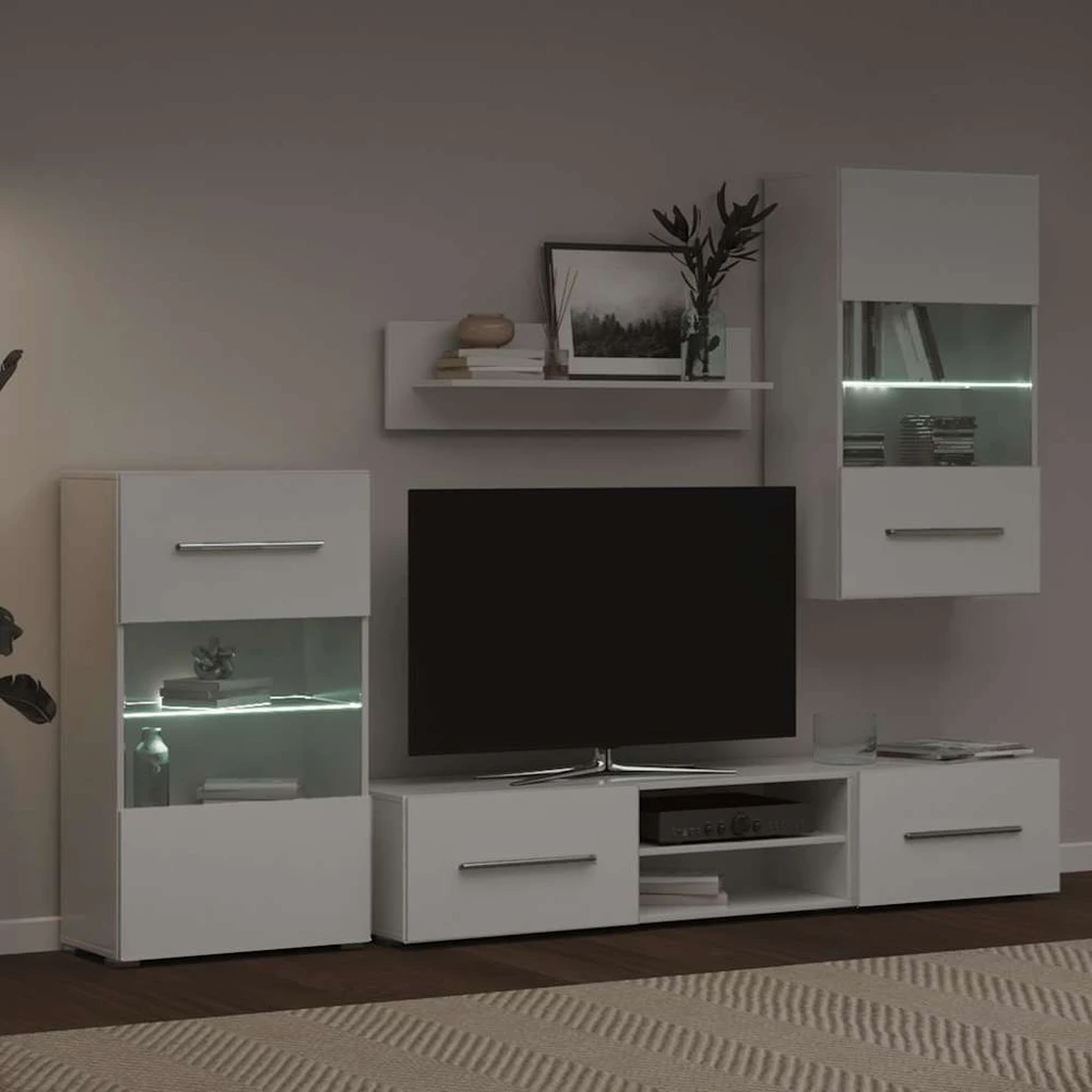 TV staliukas Sieninė televizoriaus spintelė su LED apšvietimu, 5d., balta