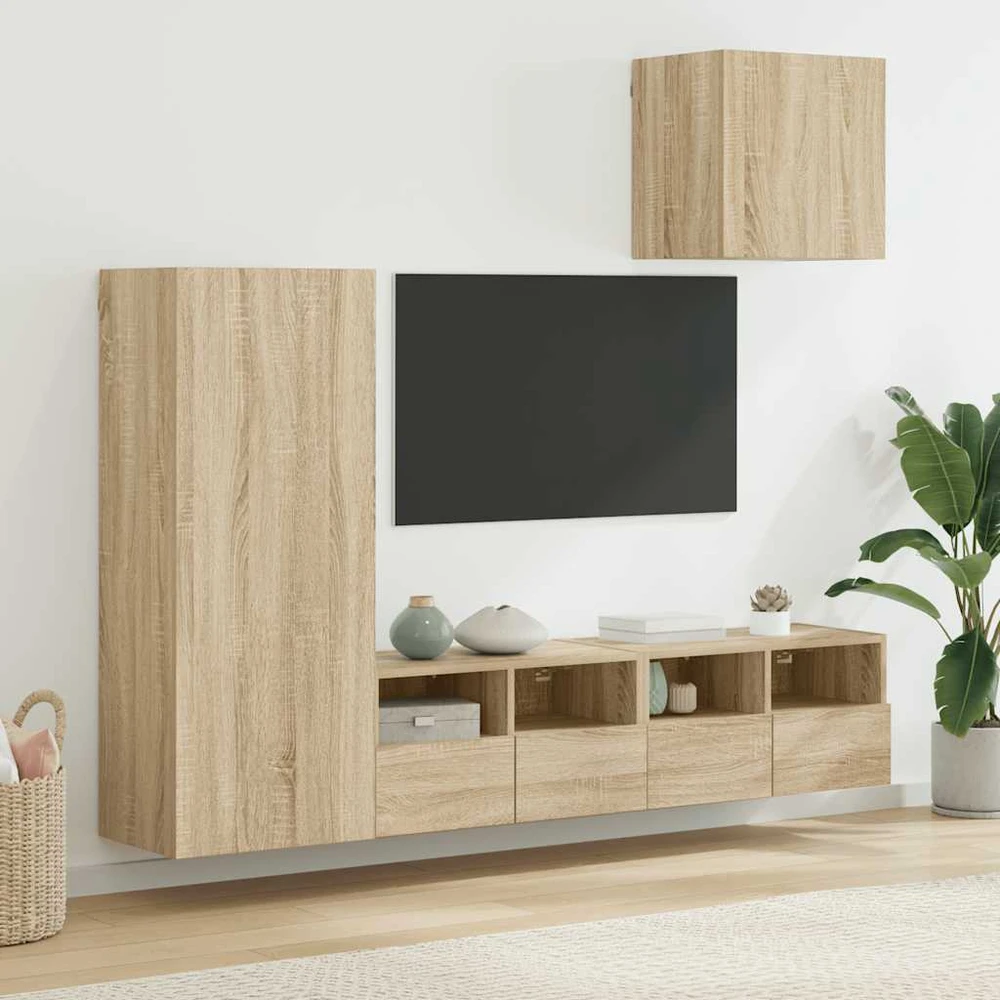 TV staliukas Sieninė TV sekcija, 4 dalių, ąžuolo spalvos, apdirbta mediena