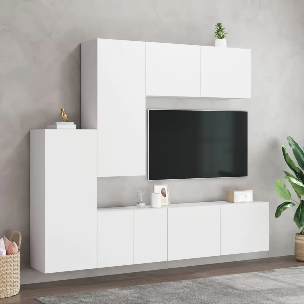 TV staliukas Sieninė TV sekcija, 5 dalių, baltos spalvos, apdirbta mediena