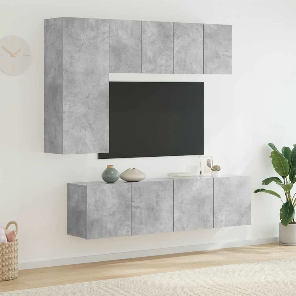 TV staliukas Sieninė TV sekcija, 5 dalių, betono pilka, apdirbta mediena