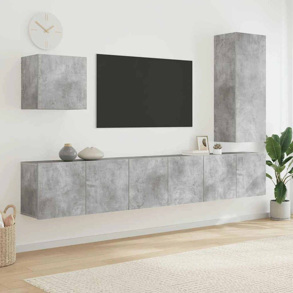 TV staliukas Sieninė TV sekcija, 5 dalių, betono pilka, apdirbta mediena
