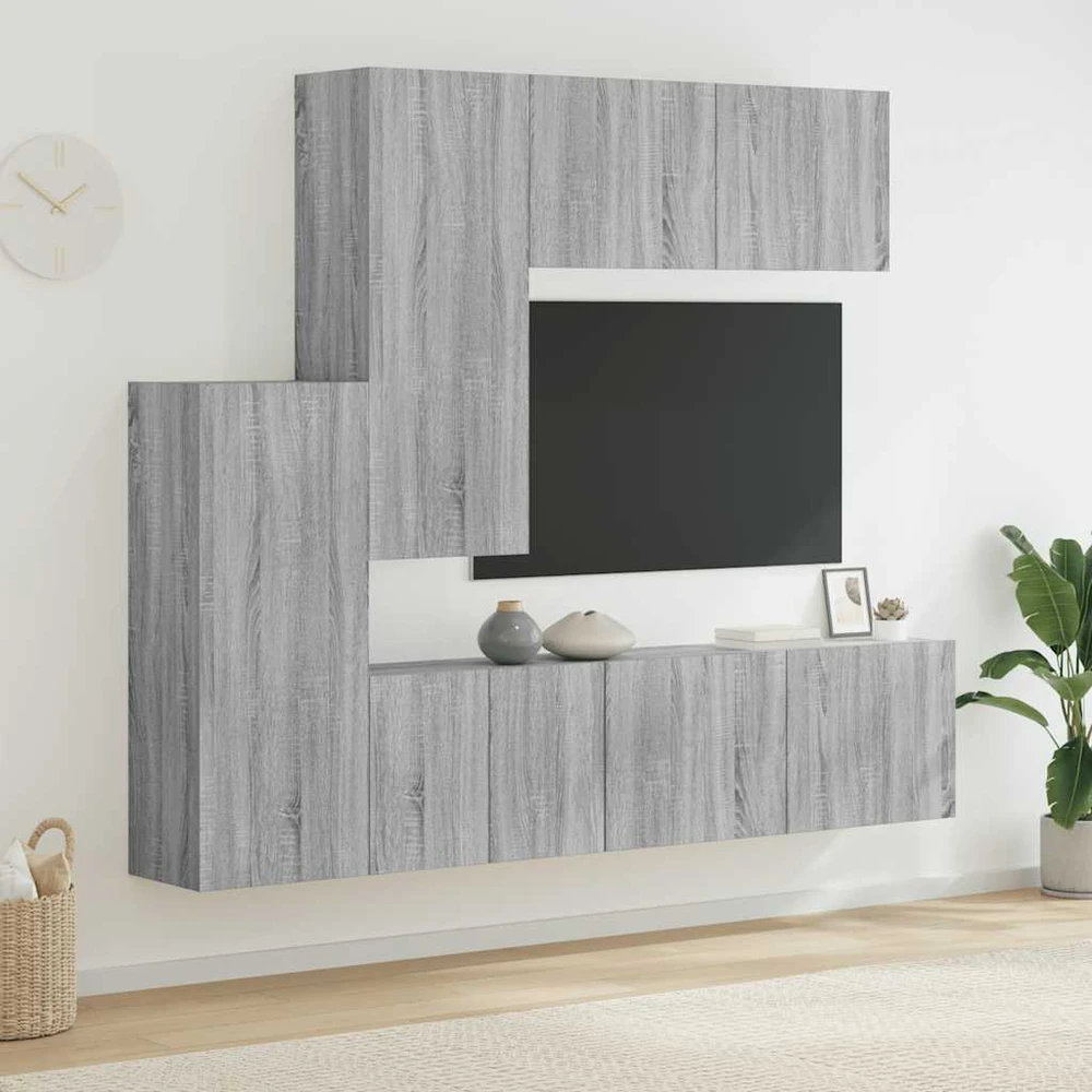 TV staliukas Sieninė TV sekcija, 5 dalių, pilka ąžuolo, apdirbta mediena