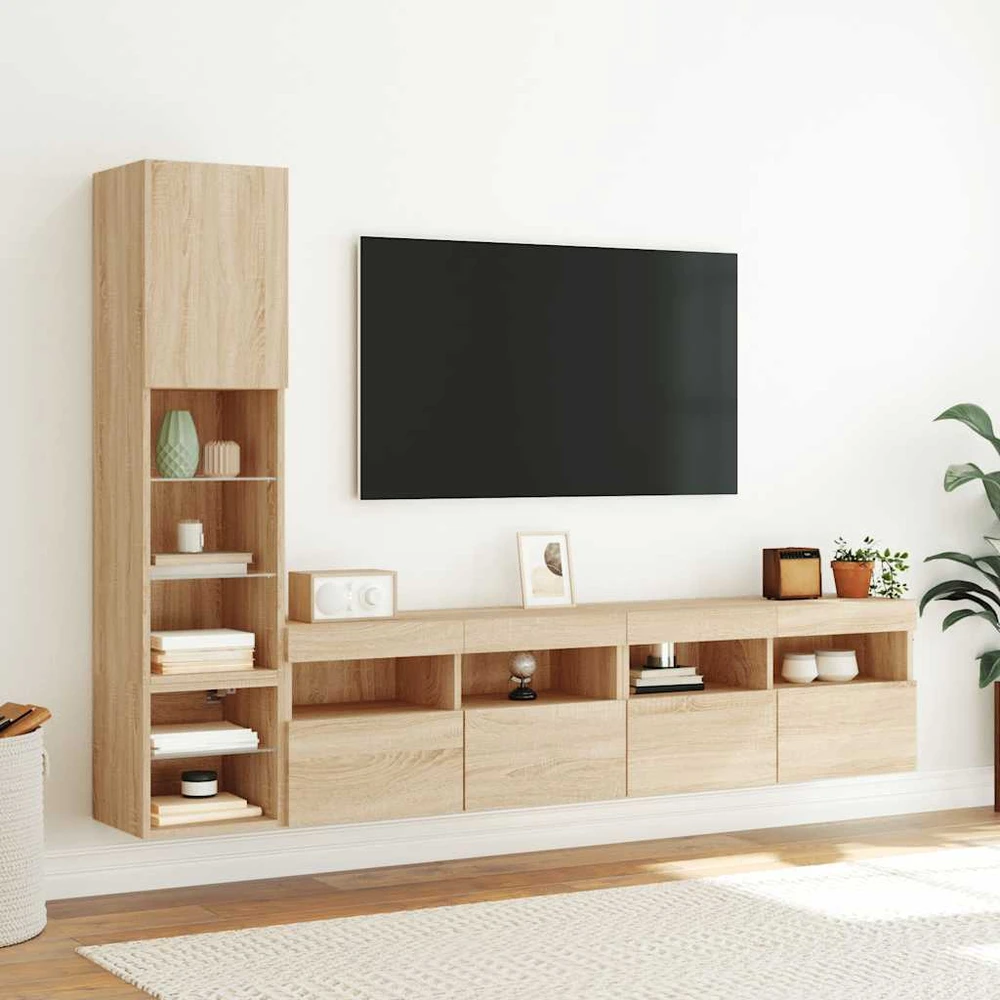 TV staliukas Sieninė TV sekcija su LED, 4 dalių, ąžuolo, apdirbta mediena