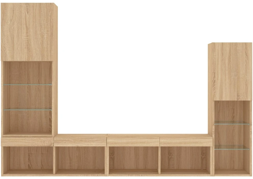 TV staliukas Sieninė TV sekcija su LED, 4 dalių, ąžuolo, apdirbta mediena