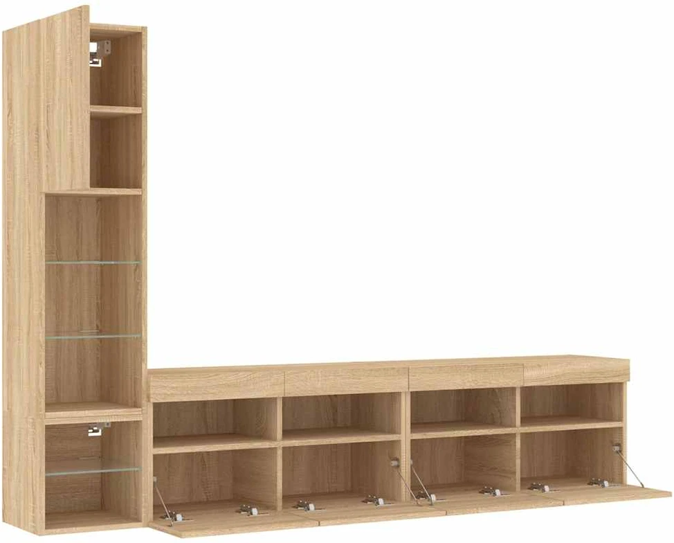 TV staliukas Sieninė TV sekcija su LED, 4 dalių, ąžuolo, apdirbta mediena